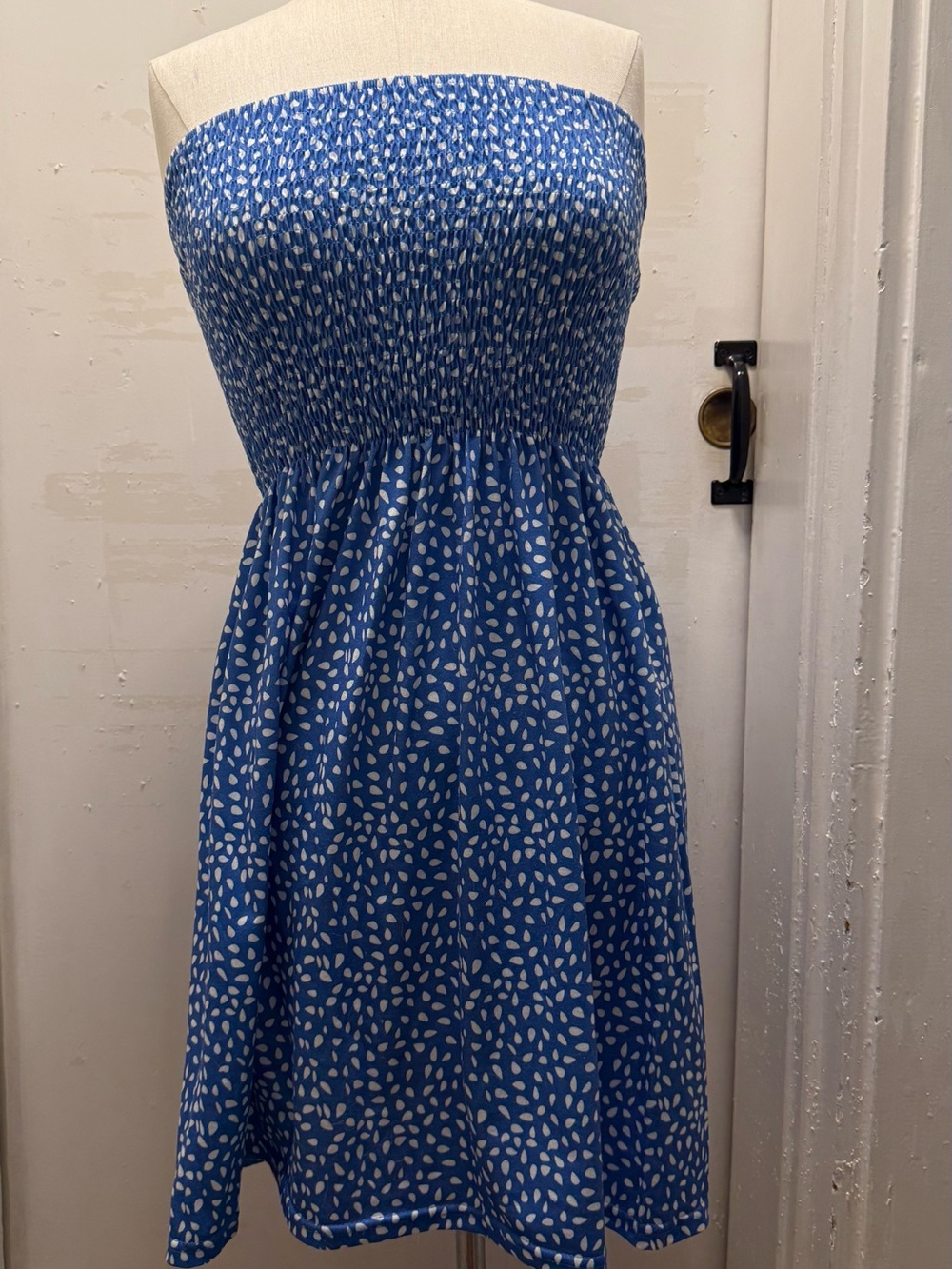 Blue Strapless Smocked Sundress with White Leaf Print